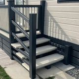 An example of a fully installed 8' x 3' 10" entry platform with steps, with anthracite premium foiled handrails and cream decking