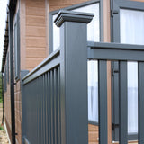 A close up of super rail handrails and posts on an end patio decking kit